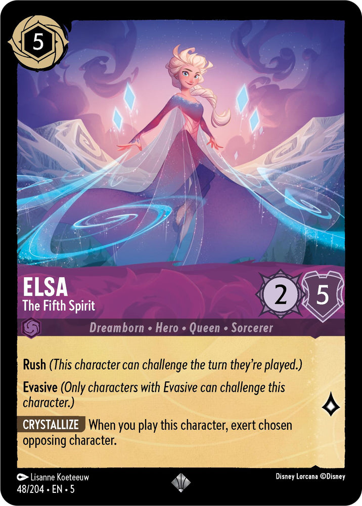 Introducing the ultra-rare Elsa - The Fifth Spirit (48/204) [Shimmering Skies] card from Disney Lorcana. This card showcases Elsa with her iconic flowing white hair and blue dress, surrounded by a magical aura. It possesses a cost of 5, an attack power of 2, and a defense of 5. Notably, it includes the abilities Rush and Evasive, with Crystallize detailed at the bottom.