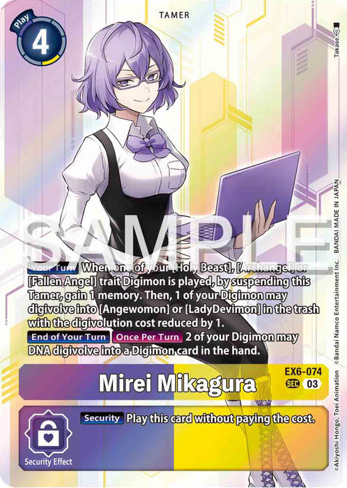 A Digimon card featuring the Secret Rare character Mirei Mikagura [EX6-074] [Infernal Ascension]. She has short purple hair, glasses, and is wearing a white top, purple skirt, and yellow tie. Holding a tablet in her left hand, the card effects are written beneath her image. This Tamer card has a play cost of 4.