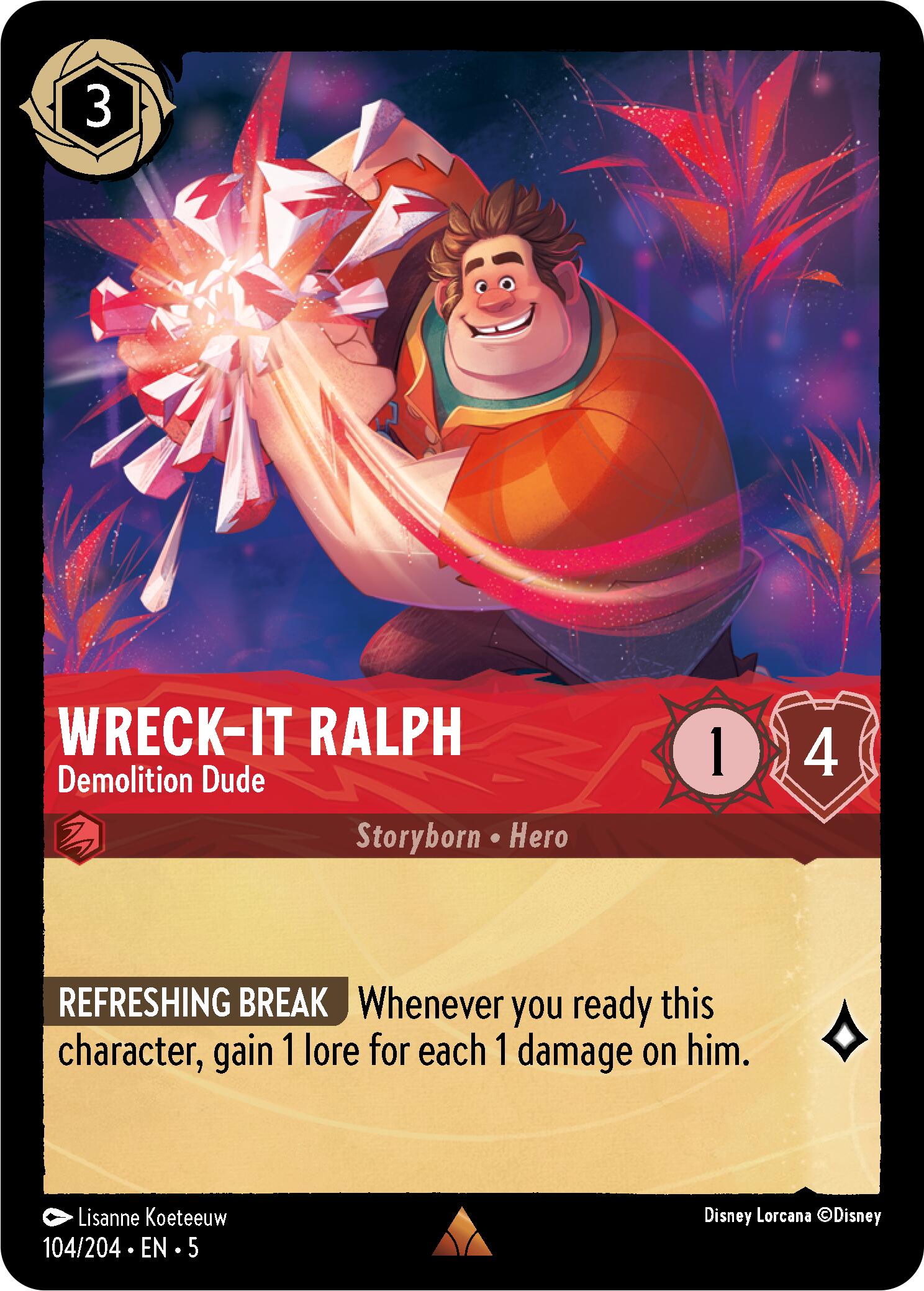 Introducing a rare digital trading card from the Disney Lorcana series featuring Wreck-It Ralph - Demolition Dude (104/204) [Shimmering Skies]. This card showcases Ralph in action, breaking a brick with his signature move. It highlights his stats: Cost (3), Strength (1), and Willpower (4). Additionally, it describes his special ability 