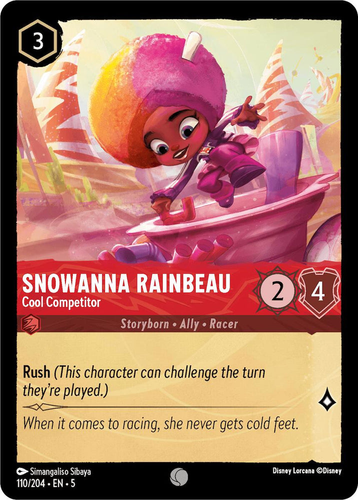 A Disney Lorcana card titled "Snowanna Rainbeau - Cool Competitor (110/204) [Shimmering Skies]" features Snowanna Rainbeau, a colorful animated racer with vibrant afro hair and a playful uniform. The Cool Competitor has a cost of 3, attributes of 2 Strength and 4 Willpower, and the special ability: Rush. Her flavor text reads: "When it comes to racing, she never gets cold feet.