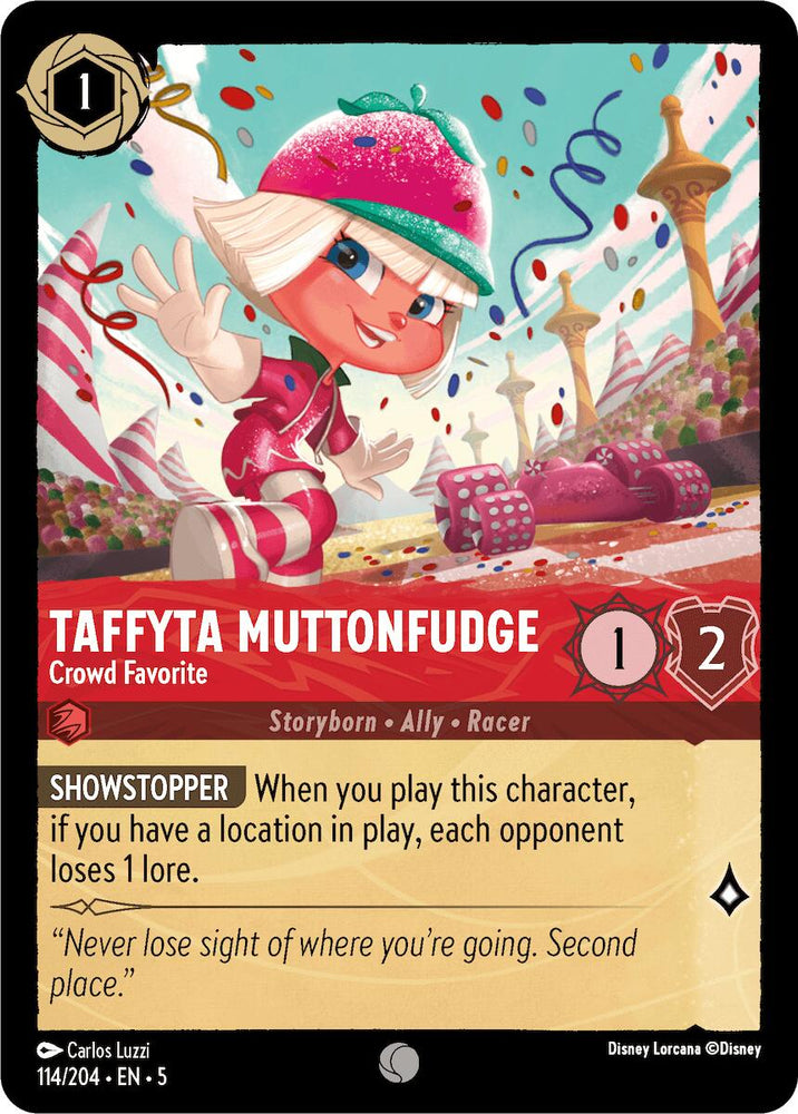 The "Taffyta Muttonfudge - Crowd Favorite (114/204) [Shimmering Skies]" card from Disney features the beloved character Taffyta Muttonfudge, instantly recognizable with her short blond hair, white racing helmet adorned with pink stripes, and striking pink and white racing outfit complemented by a red scarf. She is depicted smiling and waving while driving her candy-themed kart. The card boasts a cost of 1, strength of 1, and willpower of 2.