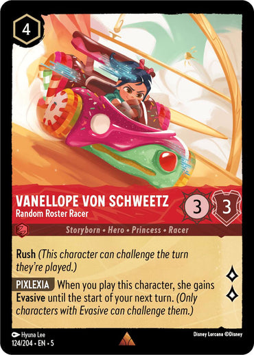 Image of a Disney Lorcana card titled "Vanellope von Schweetz - Random Roster Racer (124/204) [Shimmering Skies]." The card features Vanellope driving a brightly colored candy-themed race car. As a Random Roster Racer, her abilities include "Rush" and "Pixlexia." The card has 3 power, 3 toughness, and costs 4 ink. The text is in English.