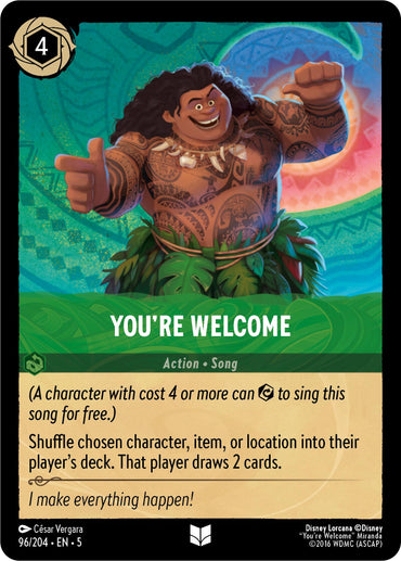 A trading card from Disney's Shimmering Skies series, titled "You're Welcome" (96/204), features a muscular figure with tattoos and long curly hair, wearing a leaf skirt and giving a thumbs-up. The background showcases a swirling, green pattern along with specific game instructions and text at the bottom.