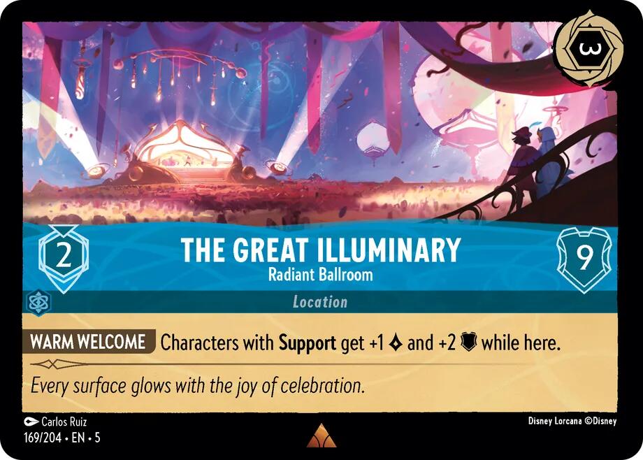 A rare card from the Disney Lorcana game called "The Great Illuminary - Radiant Ballroom (169/204) [Shimmering Skies]." It depicts an elegant ballroom illuminated by chandeliers under shimmering skies. The card has a cost of 2, a defense of 9, and features the "Warm Welcome" ability that enhances characters with Support. The text below reads: "Every surface glows with the joy of celebration.