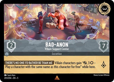 The image shows a rare Disney Lorcana trading card named "Bad-Anon - Villain Support Center (203/204) [Shimmering Skies]." The card has a strength of 2 and a shield of 7. The art depicts various villain characters attending a support group meeting. A special ability is detailed: "Villain characters gain [ε] [3 cost].