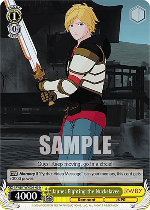 A Bushiroad Jaune: Fighting the Nuckelavee (RWBY/WXE01-05 N) [RWBY: Premium Booster] trading card features an anime-style character with blonde hair, wearing a white and black armored outfit with a red chest detail. The character is holding a sword with a glowing blade and is in a combat stance. Text on the character card reads, "Jaune: Fighting the Nuckelavee.