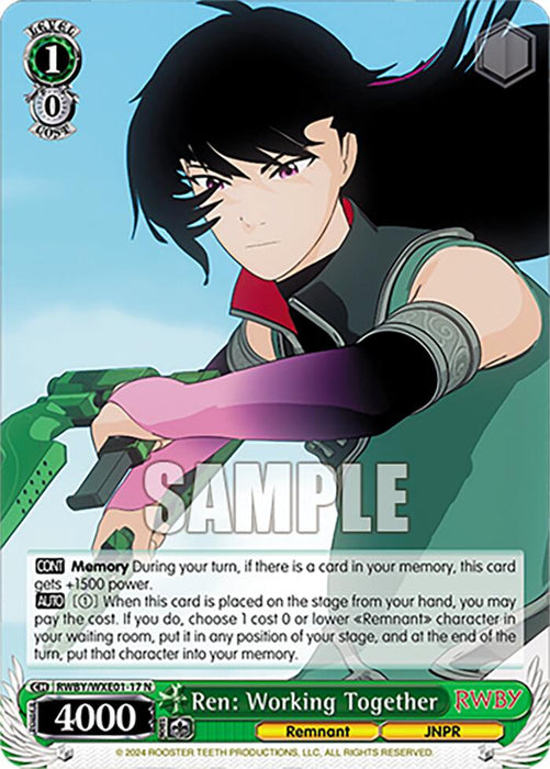 This Bushiroad Character Card features Ren from RWBY with long black hair, clad in a green and red outfit. The card boasts attributes like a 4000 power level and details his abilities and memory effects. "SAMPLE" is printed diagonally across the middle, making it a prime piece for any RWBY Premium Booster collection. Specifically, it's the Ren: Working Together (RWBY/WXE01-17 N) [RWBY: Premium Booster] card.
