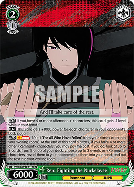A trading card from Bushiroad featuring Ren from Remnant, titled "Ren: Fighting the Nuckelavee (RWBY/WXE01-20 N) [RWBY: Premium Booster]". Ren, depicted with dark hair in a detailed animated style, holds two guns. The character card includes game stats like level 1, power 6000, and special abilities with text and decorative elements surrounding him.