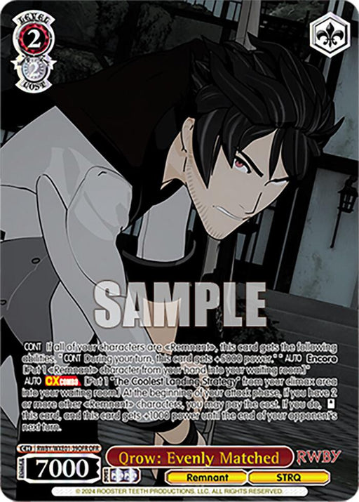 A Qrow: Evenly Matched (RWBY/WXE01-39OFR OFR) [RWBY: Premium Booster] trading card from Bushiroad featuring Qrow from RWBY Premium Booster. He stands in an action pose with a serious expression, wielding a weapon. The Over-Frame Rare card includes various game stats, effects, and text, along with a "SAMPLE" watermark. The background is a stylized indoor setting.