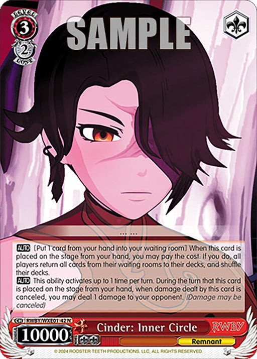 A "Cinder: Inner Circle (RWBY/WXE01-42 N) [RWBY: Premium Booster]" trading card by Bushiroad featuring a character named Cinder with black hair covering one eye, wearing a maroon outfit. The background is purple with flames. This Character Card has various stats and abilities listed, including text boxes for Aut and Cont abilities, a 10,000 power rating, and a Red Level 3 indicator in the top left corner.