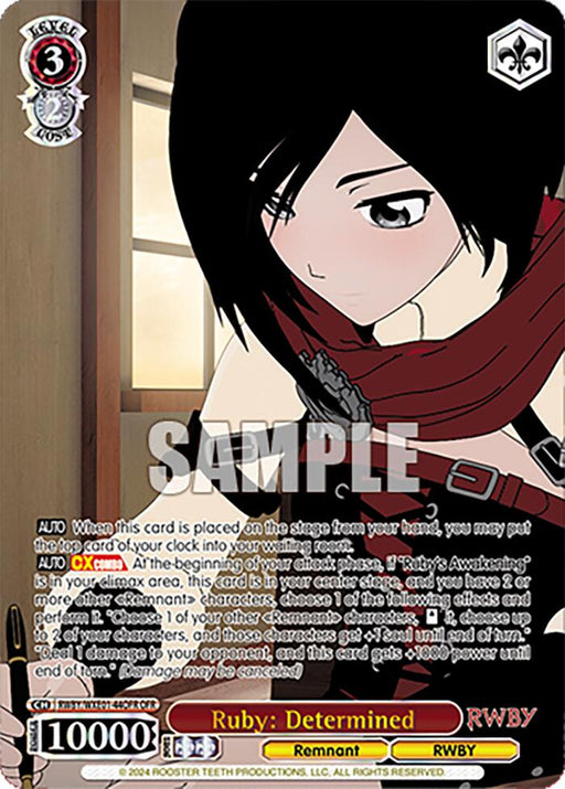 This character card from Bushiroad's RWBY: Premium Booster series features Ruby Rose in a close-up, wielding her weapon with a determined expression. The Over-Frame Rare card showcases detailed stats and abilities at the bottom, with "SAMPLE" overlaid across the center.