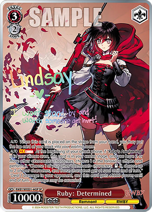 A trading card featuring Ruby from RWBY, titled "Ruby: Determined (RWBY/WXE01-44SP SP) [RWBY: Premium Booster]" by Bushiroad. Ruby, in a red hooded cloak and black combat dress, wields her weapon with a determined expression. As a Special Rare Card from the RWBY Premium Booster series, it contains various stats, game text, and artistic elements. The background includes a "SAMPLE" watermark and "Lindsay ❤️" text.
