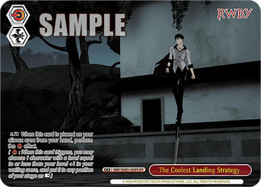 A "RWBY" trading card titled "The Coolest Landing Strategy (RWBY/WXE01-45OFR OFR) [RWBY: Premium Booster]" by Bushiroad shows a stylized character perched on a high ledge in a nighttime forest setting. The word "SAMPLE" overlays the scene. This Premium Booster card includes gameplay instructions and copyright information, maintaining an overall dark tone.