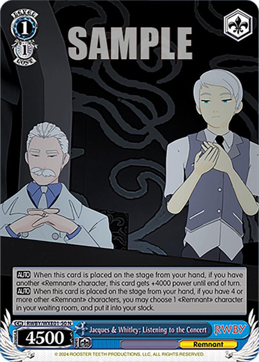 A Jacques & Whitley: Listening to the Concert (RWBY/WXE01-50 N) [RWBY: Premium Booster] trading card by Bushiroad features two illustrated characters, Jacques and Whitley, dressed in formal attire. Jacques, an older man with a mustache and beard, is on the left, while Whitley, a younger man with light hair, is on the right. Detailed text below includes their Remnant Traits and abilities.