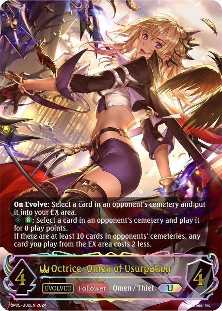 The image displays a card from the Omens Eternal trading card game, specifically the 