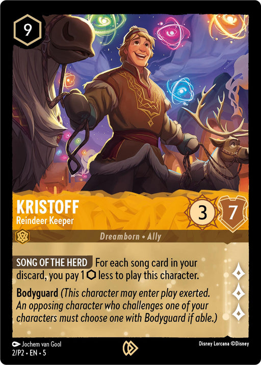 The Kristoff - Reindeer Keeper (2) Promo Card from Disney Lorcana showcases an animated Kristoff interacting with glowing reindeer spirits. This rare card has a cost of 9, attack of 3, and willpower of 7. His unique abilities include "Song of the Herd" and "Bodyguard.