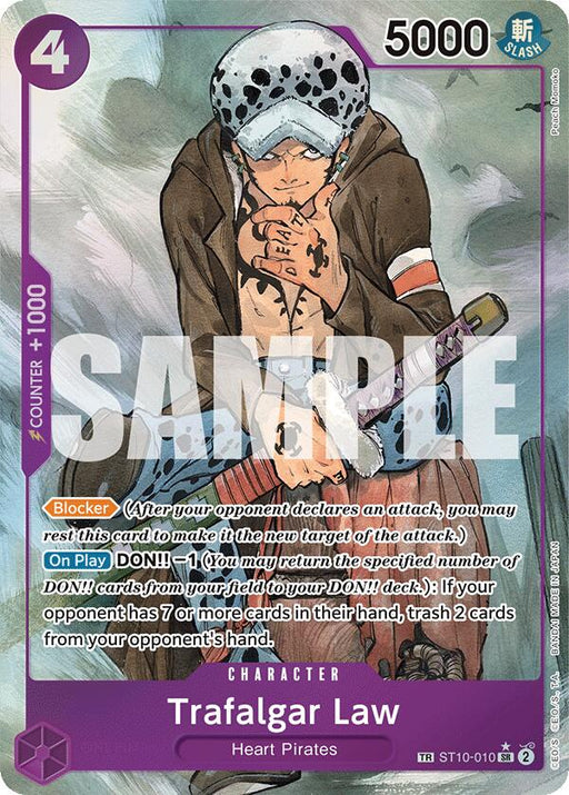 A Bandai Trafalgar Law (TR) [500 Years in the Future] trading card featuring the Super Rare character Trafalgar Law from the Heart Pirates. He is kneeling, holding a large sword, and wearing a fur-lined hat with a spotted design. The card details his abilities, cost, and power with vibrant graphics and text, including a "SAMPLE" watermark.