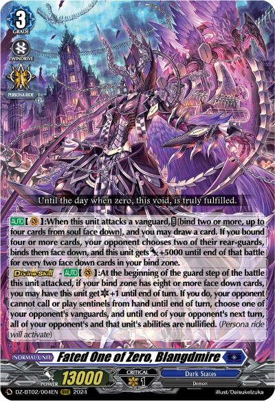 A fantasy-themed trading card named "Battle Monk of Raging Flames, Rokusei" (DZ-BT02/003EN) [Illusionless Strife] with intricate and colorful artwork of a sinister armored figure wielding a large weapon. Belonging to "Dark States," the card's text details its abilities and stats: Grade 3, Power 13000, Critical 1. Its number is "D-BT02/004EN," released in [year].