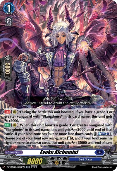 The card, Avarice Wrester from Bushiroad's Illusionless Strife set, showcases an alchemist figure from the Dark States. He has long silver hair, pointed ears, and wears dark clothing embellished with chains and jewels. In his hand is a flask containing a glowing substance. Beneath this striking image are gameplay details for "Evoke Alchemist," set against the backdrop of an arcane laboratory.