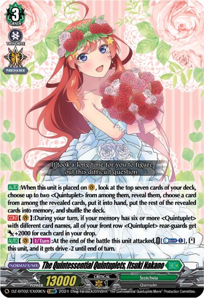 A card from a trading card game featuring a red-haired girl wearing a white dress and a flower crown, standing against a background of flowers. The card has various game statistics and abilities described, including "+1 hand" and the designation Shining Smile, Yotsuba Nakano (EXRRR) (DZ-BT02/EX08EN) [Illusionless Strife] from Bushiroad.