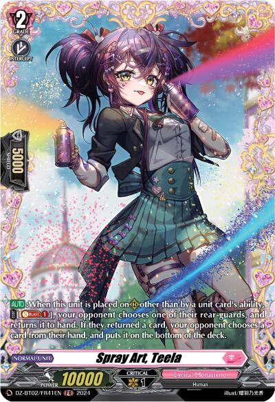 A trading card featuring "Clutch of Grudge Toxin (FR) (DZ-BT02/FR40EN) [Illusionless Strife]," a purple-haired anime-style character holding a spray paint can. She wears a stylish outfit with a shirt, tie, and skirt, exuding confidence. The card displays her stats, including 10,000 power and detailed abilities like Zorga’s Divine Skill in text. This product is by Bushiroad.