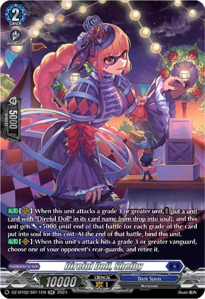 A trading card of "Clerical Star Demonic Lady, Bifrons (SR) (DZ-BT02/SR10EN) [Illusionless Strife]" from the brand Bushiroad. Bifrons' stats are Grade 2, power 10,000, and critical value 1. She's depicted in a gothic-style outfit with purple and black colors, a doll-like appearance, and blonde hair. Aligned with the Dark States faction; skill details are in the card's text.