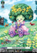 A cute, anthropomorphic broccoli character sits on grass with a large smile. It wears pink and purple clothing adorned with daisies and mushrooms. A butterfly, bumblebee, and dragonfly hover nearby. The card details include its name, "Veleno Soldato, Grudoli (SR) (DZ-BT02/SR32EN) [Illusionless Strife]" from Bushiroad, Grade 2, Power 10000.