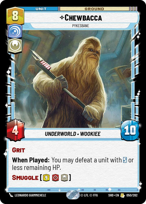 A rare trading card depicting Chewbacca - Pykesbane (050/262) [Shadows of the Galaxy] from Fantasy Flight Games. The card displays 4 attack and 10 health points. The text reads, "When Played: You may defeat a unit with 5 or less remaining HP." Graphics include various icons and stats.