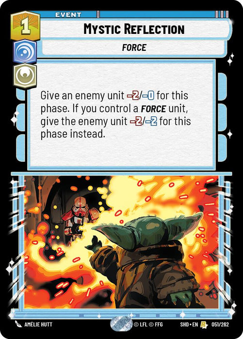 A rare trading card titled "Mystic Reflection (051/262) [Shadows of the Galaxy]" from Fantasy Flight Games showcases a character casting a spell at an enemy, set against a blazing backdrop. One figure in a fiery red suit and another in green raise their hands. The card text details an effect reducing an enemy unit's stats for the phase, adding to the intrigue of Shadows of the Galaxy.