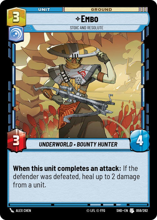 A trading card from Fantasy Flight Games' Shadows of the Galaxy featuring Embo - Stoic and Resolute (059/262), a formidable bounty hunter in his signature wide-brimmed hat and armor, wielding a crossbow-like weapon. The backdrop showcases dense trees and foliage. Stats: 3 cost, 3 attack, 4 health. Ability: After defeating an enemy, heal up to 2 damage from any unit.