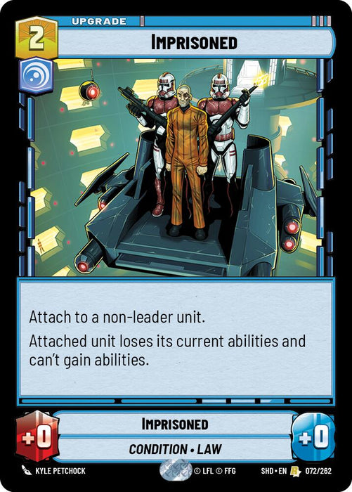 A rare futuristic digital card titled "Imprisoned (072/262) [Shadows of the Galaxy]" by Fantasy Flight Games, with a cost of 2. The illustration shows a man in an orange prison suit being escorted by two armored guards. The card text reads, "Attach to a non-leader unit. Attached unit loses its current abilities and can't gain abilities.