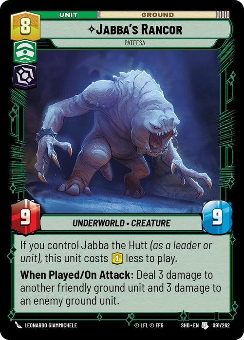 A trading card titled "Jabba's Rancor - Pateesa (091/262) [Shadows of the Galaxy]" from the 2024 release "Shadows of the Galaxy" by Fantasy Flight Games shows a snarling, monstrous creature with pale skin and menacing claws. The creature boasts stats of 9 attack and 9 defense. Detailed text describes its abilities, including conditional cost reduction and damage dealing. The card’s border is green.