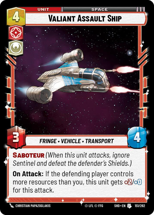 A "Valiant Assault Ship (151/262) [Shadows of the Galaxy]" card from the Fantasy Flight Games tabletop game. The card depicts a white and blue spaceship with red accents flying through space against a starry background. Stats: cost 4, attack 3, health 4. Abilities: Saboteur, On Attack. Border is red with symbols, and text is in various colors.