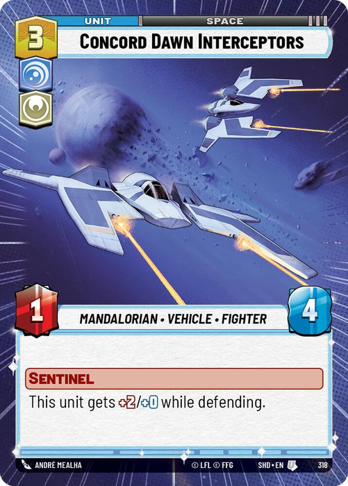 A trading card for "Concord Dawn Interceptors (Hyperspace) (318)" from Shadows of the Galaxy by Fantasy Flight Games. It features two sleek, white spacecraft flying in space with planets and asteroids in the background. The card has game stats: cost (3), attack (1), health (4), and special abilities ("Sentinel" and a defense boost).