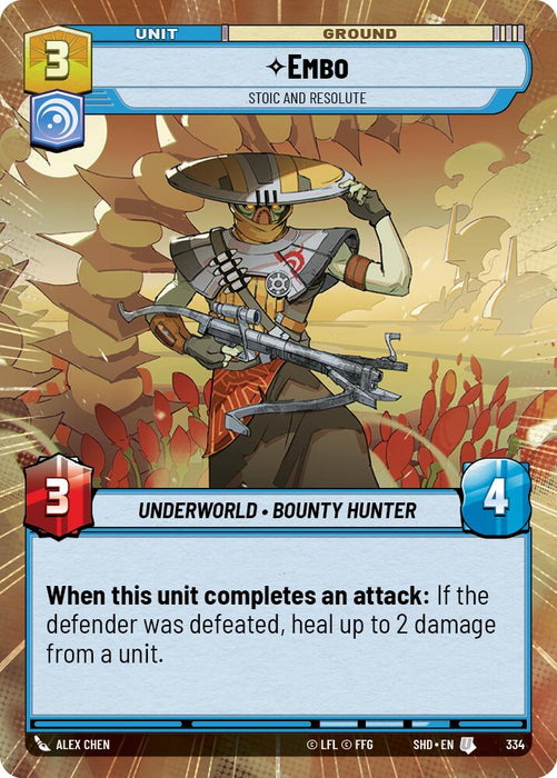 A trading card from **Shadows of the Galaxy** featuring **Embo - Stoic and Resolute (Hyperspace) (334) [Shadows of the Galaxy]** by **Fantasy Flight Games**, the iconic bounty hunter, amidst a stylized forest background. Embo wears a large conical hat and wields a rifle. Stats: 3 cost, 3 attack, and 4 health. Text: "When this unit completes an attack: If the defender was defeated, heal up to 2 damage from a unit.