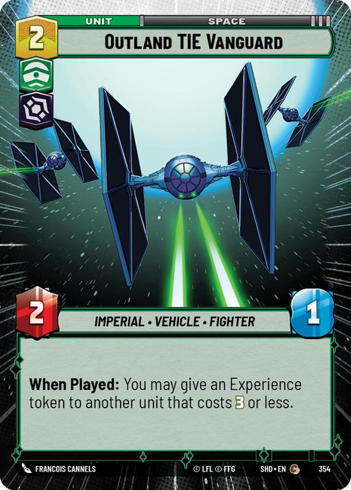 A card from the Shadows of the Galaxy trading card game features the Outland TIE Vanguard (Hyperspace) (354) [Shadows of the Galaxy] by Fantasy Flight Games, an Imperial Vehicle Fighter. The card shows a black-and-blue TIE fighter with hexagonal wings and a spherical cockpit. Attributes are 2 cost, 2 power, and 1 health. It grants an Experience token to another unit costing 3 or less when played.
