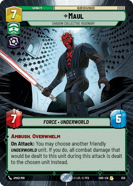 A rare card from the game "Shadows of the Galaxy" features Maul - Shadow Collective Visionary (Hyperspace) (359) [Shadows of the Galaxy]. Maul, a menacing figure with red skin and black tattoos, wields a double-bladed red lightsaber. The card shows his stats: 7 points and 6 health. Abilities include "Ambush, Overwhelm," and a special attack that redirects damage. This product is produced by Fantasy Flight Games.