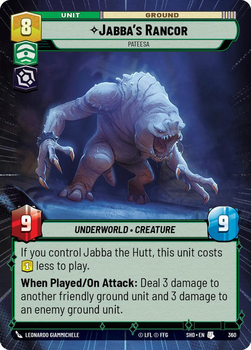 A "Jabba's Rancor - Pateesa (Hyperspace) (360)" [Shadows of the Galaxy] game card from Fantasy Flight Games. It features a monstrous, pale rancor with sharp teeth, claws, and glowing eyes. The card cost is 8, with an attack of 9 and defense of 9. Classified as an “Underworld - Creature,” it boasts formidable special abilities.