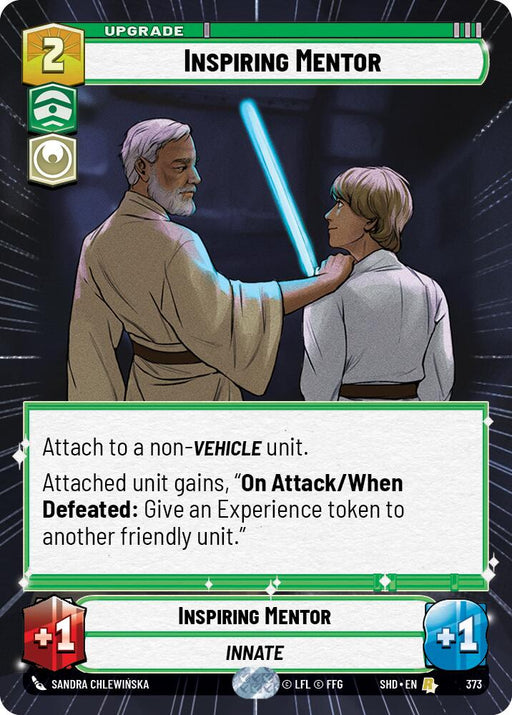A card from the strategy game "Shadows of the Galaxy," titled "Inspiring Mentor (Hyperspace) (373) [Shadows of the Galaxy]." The card shows an elderly man holding a glowing blue sword-like weapon and teaching a young person. This rare card has "+1" on the bottom left and right corners, detailing additional abilities and effects when attached to a unit. This product is by Fantasy Flight Games.