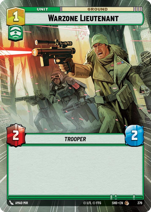 A card from Shadows of the Galaxy depicts **Warzone Lieutenant (Hyperspace) (379) [Shadows of the Galaxy]** with a '1' cost and '2' attack and defense. The lieutenant, wearing green military gear, holding a gun, and shouting, stands in front of troops in a warzone. At the bottom of the card is a blue shield icon with 'Trooper' text and a blank space. This product is brought to you by Fantasy Flight Games.