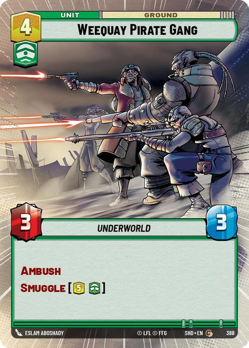 A digitally illustrated card from the game "Shadows of the Galaxy" features the Weequay Pirate Gang (Hyperspace) (388) [Shadows of the Galaxy], showing four menacing pirates with a futuristic look, wielding guns and aiming to their left. The card boasts various stats and abilities like "Ambush" and "Smuggle." Spaceships in the background indicate a sci-fi setting. This product is created by Fantasy Flight Games.