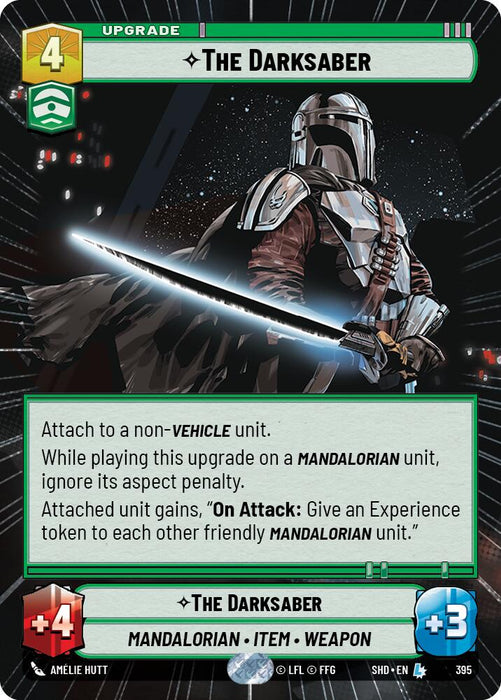 A card from the game "Shadows of the Galaxy" by Fantasy Flight Games, titled "The Darksaber (Hyperspace) (395)," depicts a Mandalorian holding a glowing dark sword. This upgrade card boasts various abilities and bonuses, with "+4" and "+3" values at the bottom. It features the keywords "MANDALORIAN," "ITEM," and "WEAPON.