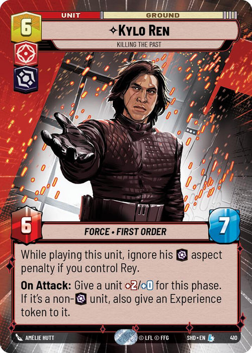 Image of a trading card from Fantasy Flight Games' Shadows of the Galaxy series. The Legendary card, titled "Kylo Ren - Killing the Past (Hyperspace) (410)," features Kylo Ren reaching forward with an intense expression. The card displays his name "Kylo Ren" and subtitle "Killing the Past." It has 6 power and 7 health stats, with special abilities and additional text provided in the description below the image.