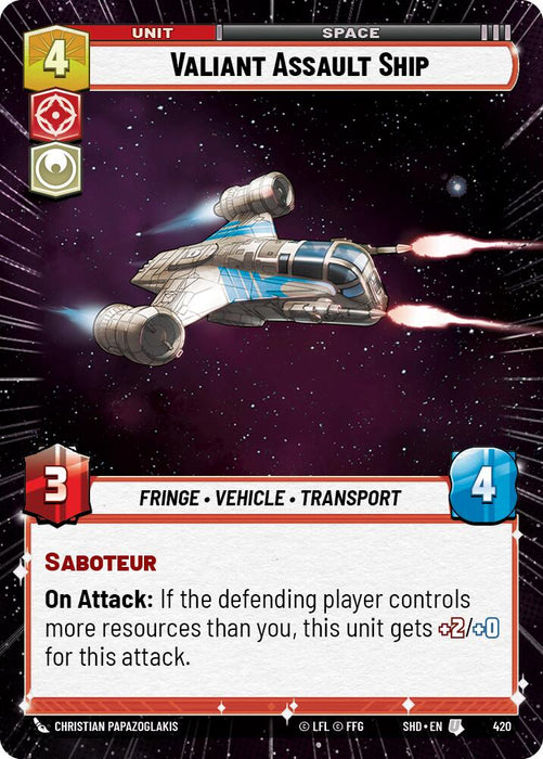 A Valiant Assault Ship (Hyperspace) (420) [Shadows of the Galaxy] trading card from the Uncommon Shadows of the Galaxy set by Fantasy Flight Games. The card features an image of a futuristic spaceship in space. The top left shows a cost of 4, and the top right shows its type: Unit, Space. It has 3 attack and 4 health. Its "Saboteur" ability enhances power if the opponent has more resources.