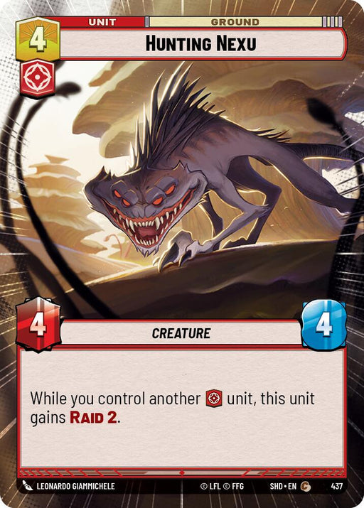 A "Shadows of the Galaxy" trading card named *Hunting Nexu (Hyperspace) (437) [Shadows of the Galaxy]* by Fantasy Flight Games depicts a fierce, four-legged creature with sharp teeth and claws, poised to attack. It has a red and white bordered design, indicating 4 health and 4 damage. The text states it gains "RAID 2" when you control another matching unit.
