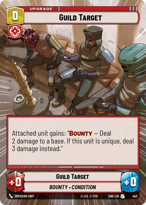 An illustrated card titled "Guild Target (Hyperspace) (442) [Shadows of the Galaxy]" from the game "Shadows of the Galaxy" by Fantasy Flight Games shows three armored figures, two holding weapons, gathered around a table with futuristic objects. The Uncommon card has a red border and text indicating the upgrade grants the "Bounty" ability, dealing extra damage if the unit is unique.