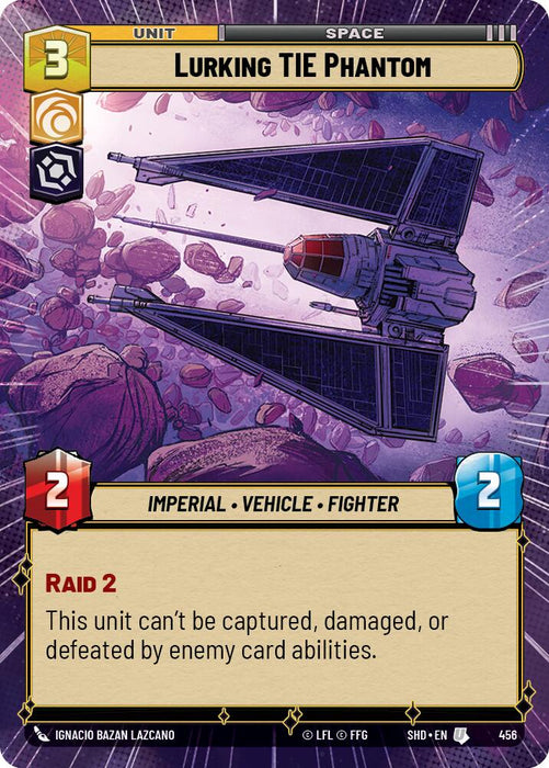 Illustration of the "Lurking TIE Phantom (Hyperspace) (456)" card from Shadows of the Galaxy by Fantasy Flight Games. The card, an Imperial Vehicle, has a cost of 3 and belongs to the unit and space categories. Featuring a spaceship in mid-flight with stats of 2 attack and 2 defense, it has the Raid 2 ability, making it immune to capture, damage, or defeat by enemy card abilities.