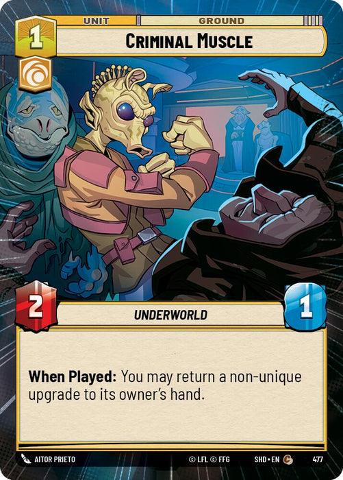 A card from "Shadows of the Galaxy" features an alien in a leather jacket punching a hooded figure. The alien has spiky, light-brown skin and an intense expression. Titled "Criminal Muscle (Hyperspace) (477) [Shadows of the Galaxy]," it has 1 power, 2 attack, and 1 defense. Its ability reads: "When Played: Return a non-unique upgrade to its owner’s hand." This card is produced by Fantasy Flight Games.