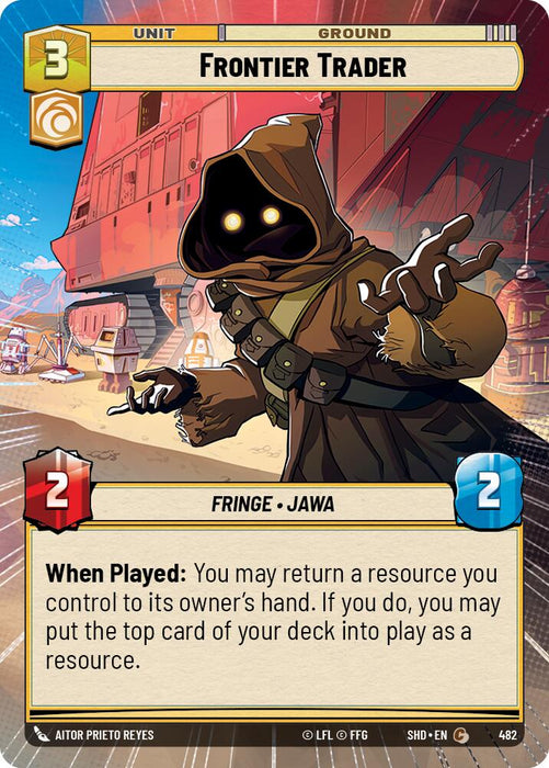 A trading card with an illustration of a small, hooded character with glowing yellow eyes and outstretched hands set against a desert settlement backdrop with large structures. The card reads "Frontier Trader (Hyperspace) (482)" from the "Shadows of the Galaxy" series by Fantasy Flight Games, featuring stats 2 attack and 2 defense. The ability text is shown at the bottom.