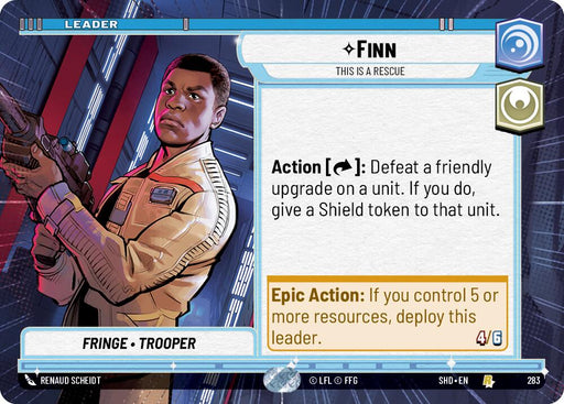 A detailed illustration of a leader card from Shadows of the Galaxy. The card features a rare Finn - This is a Rescue (Hyperspace) (283) [Shadows of the Galaxy], with a description and actions. It includes a drawn image of Finn holding a weapon and wearing a tactical outfit. The bottom of the card contains game icons and stats, while the left side shows affiliations: FRINGE - TROOPER. Fantasy Flight Games